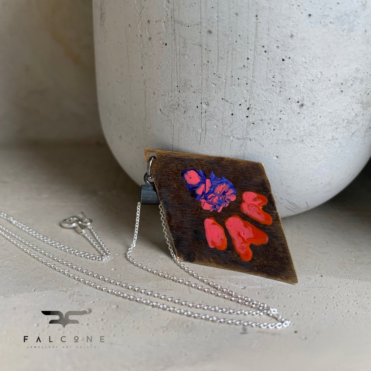 Necklace made of patinated brass and silver 'Flowers - Violet and Orange with Pink'