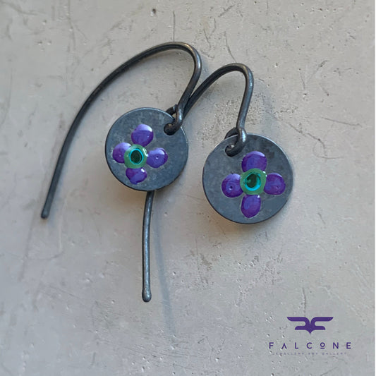 Silver Earrings Decorated with Enamel 'Wildflowers - Dark Purple & Green'