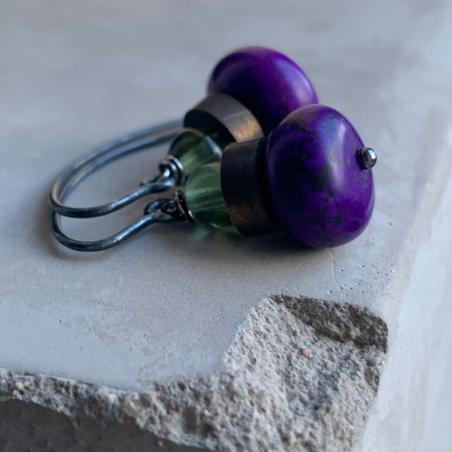 Howlite, Brass and Silver Earrings 'Dark Purple & Accent Green'