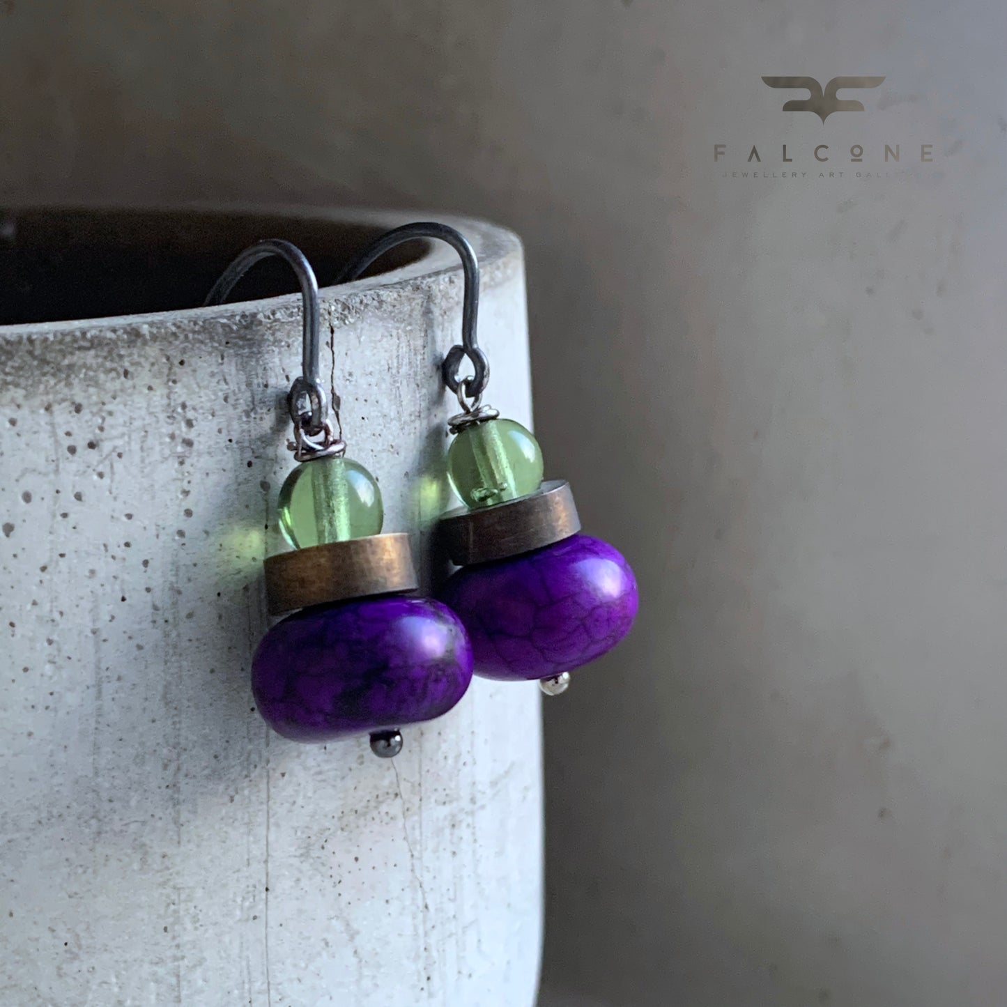 Howlite, Brass and Silver Earrings 'Dark Purple & Accent Green'