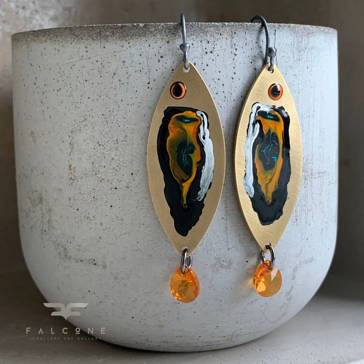 Brass, Silver & Swarovski Earrings 'Fish With Orange Tails'
