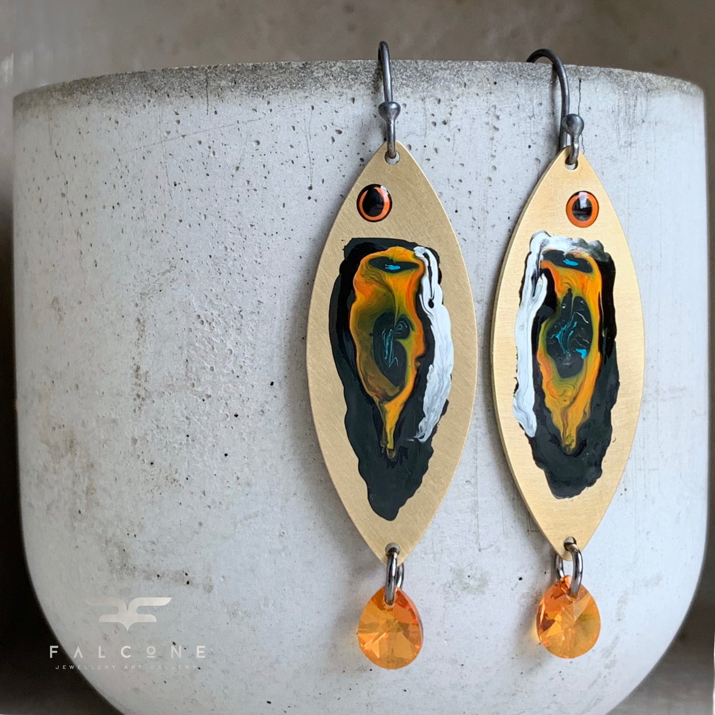 Brass, Silver & Swarovski Earrings 'Fish With Orange Tails'