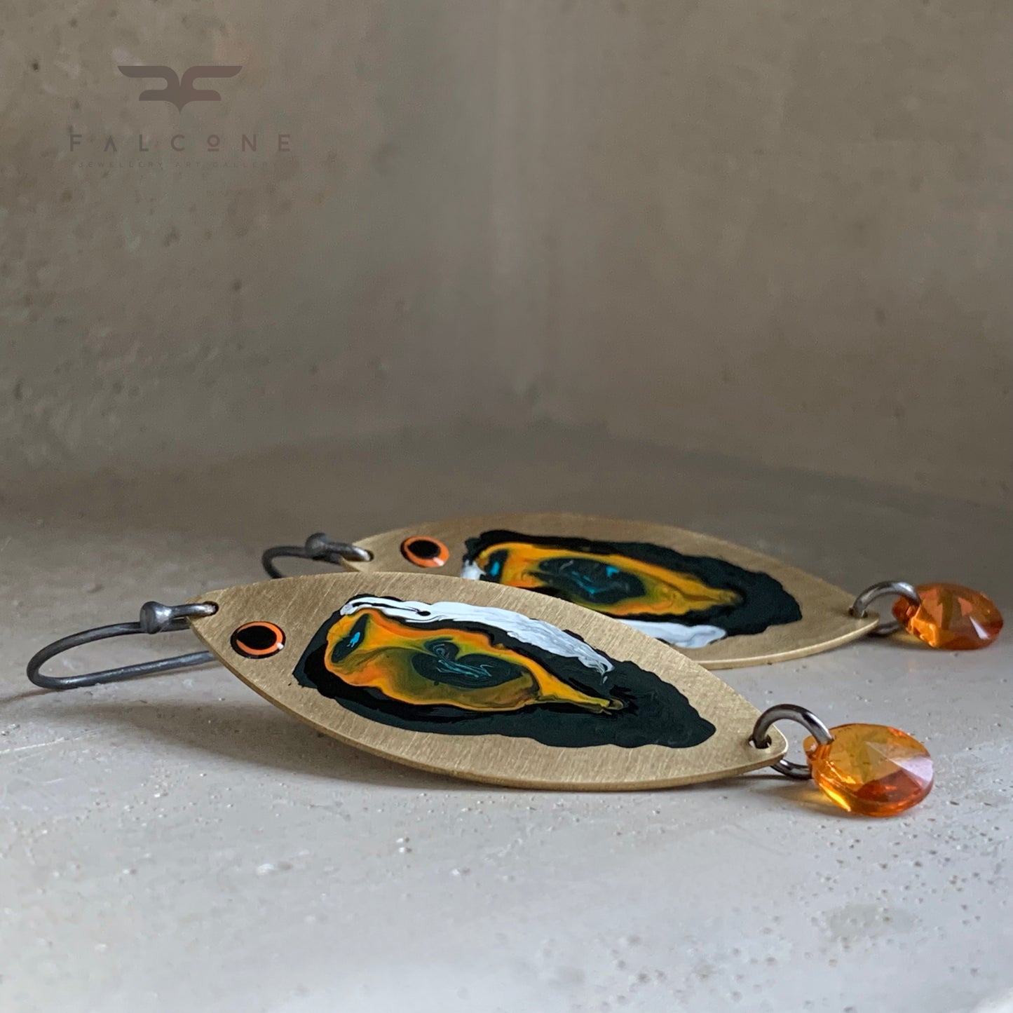 Brass, Silver & Swarovski Earrings 'Fish With Orange Tails'
