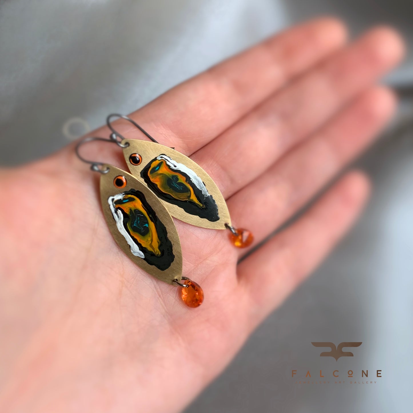 Brass, Silver & Swarovski Earrings 'Fish With Orange Tails'