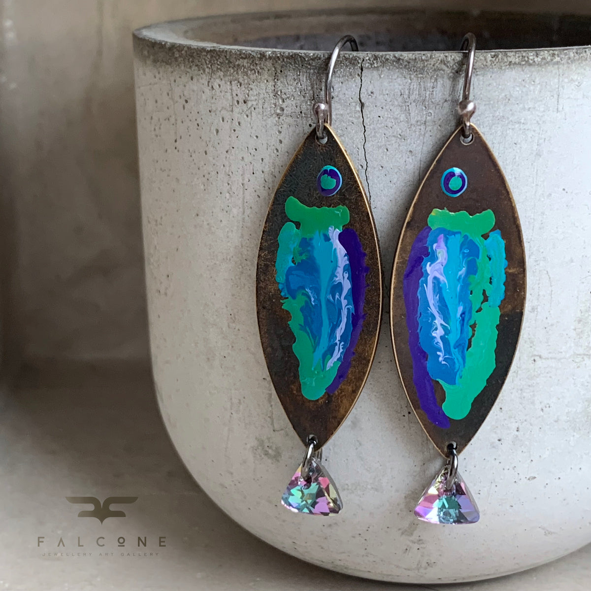 Brass, Swarovski Crystal and Sterling Silver Earrings ‘Fish with Rainbow Tail’