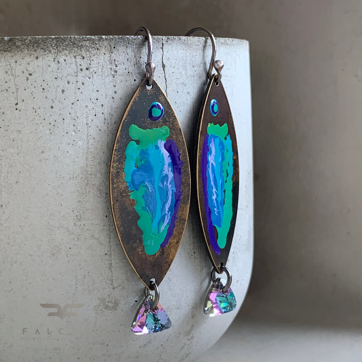 Brass, Swarovski Crystal and Sterling Silver Earrings ‘Fish with Rainbow Tail’