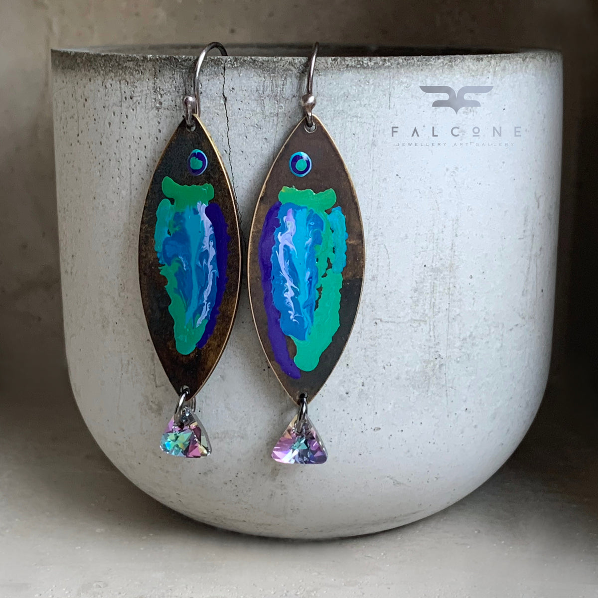 Brass, Swarovski Crystal and Sterling Silver Earrings ‘Fish with Rainbow Tail’