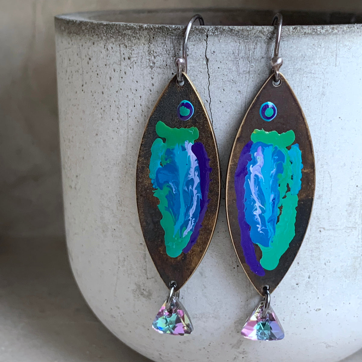 Brass, Swarovski Crystal and Sterling Silver Earrings ‘Fish with Rainbow Tail’