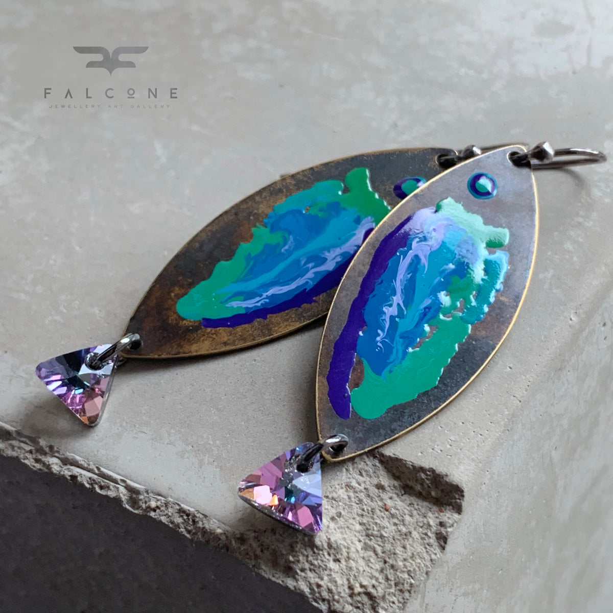 Brass, Swarovski Crystal and Sterling Silver Earrings ‘Fish with Rainbow Tail’