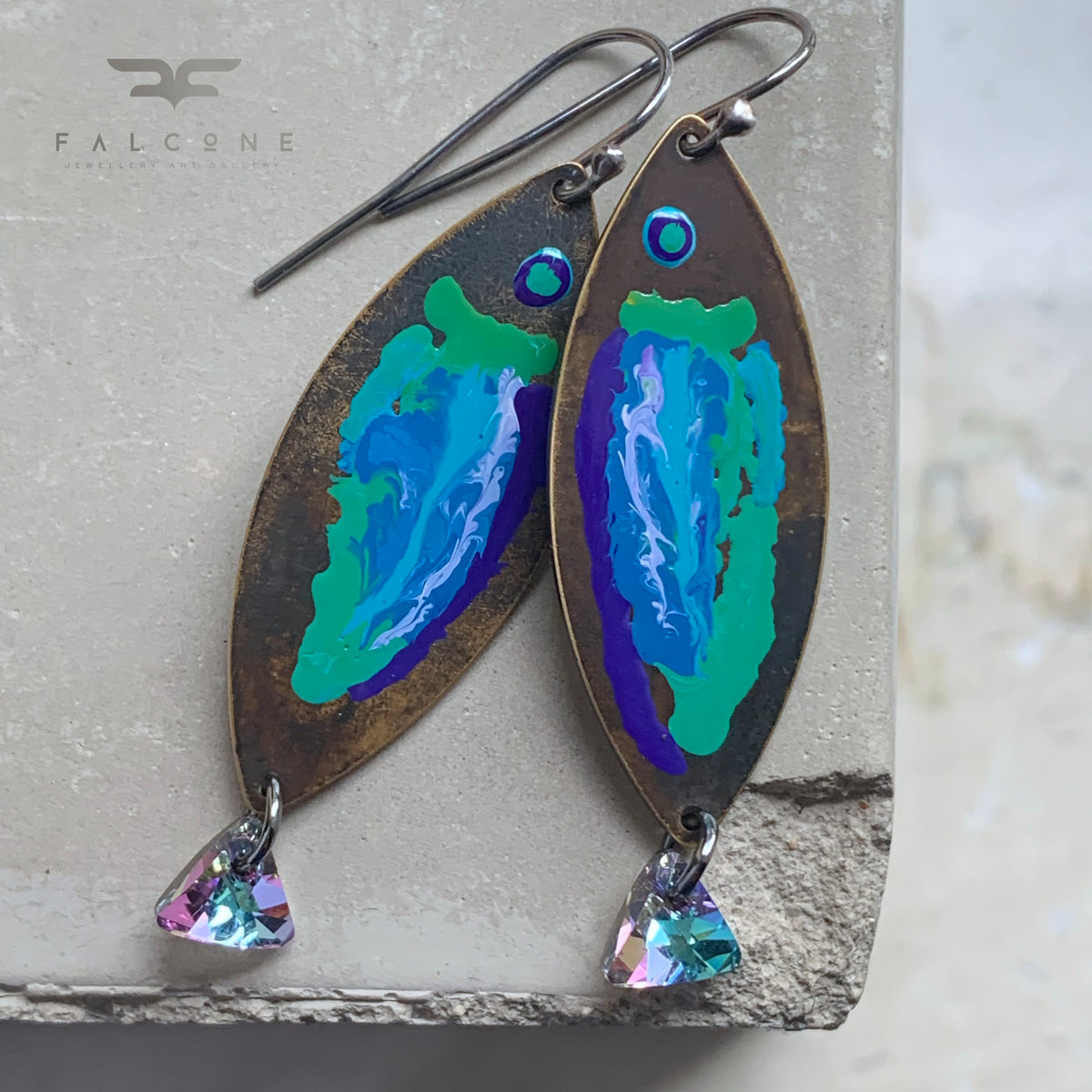 Brass, Swarovski Crystal and Sterling Silver Earrings ‘Fish with Rainbow Tail’