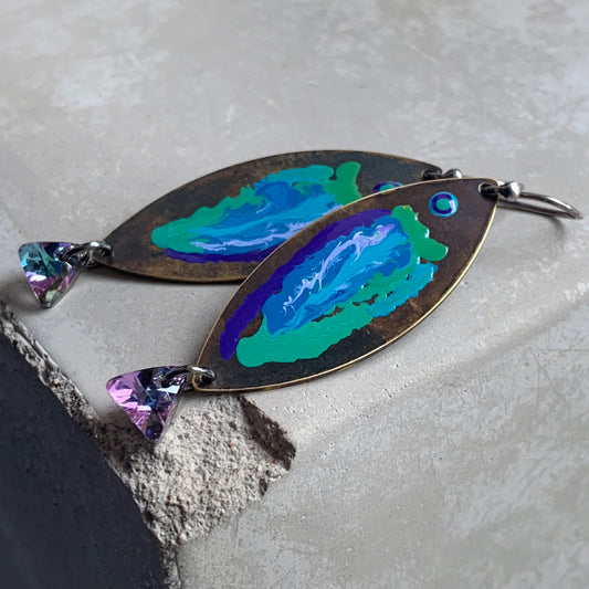 Brass, Swarovski Crystal and Sterling Silver Earrings ‘Fish with Rainbow Tail’
