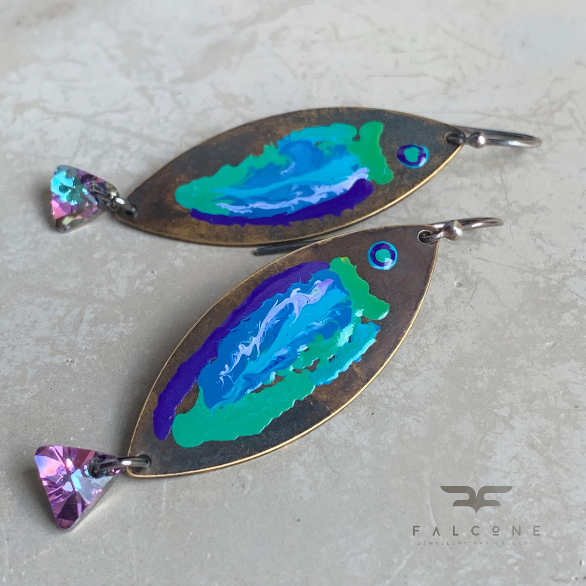 Brass, Swarovski Crystal and Sterling Silver Earrings ‘Fish with Rainbow Tail’