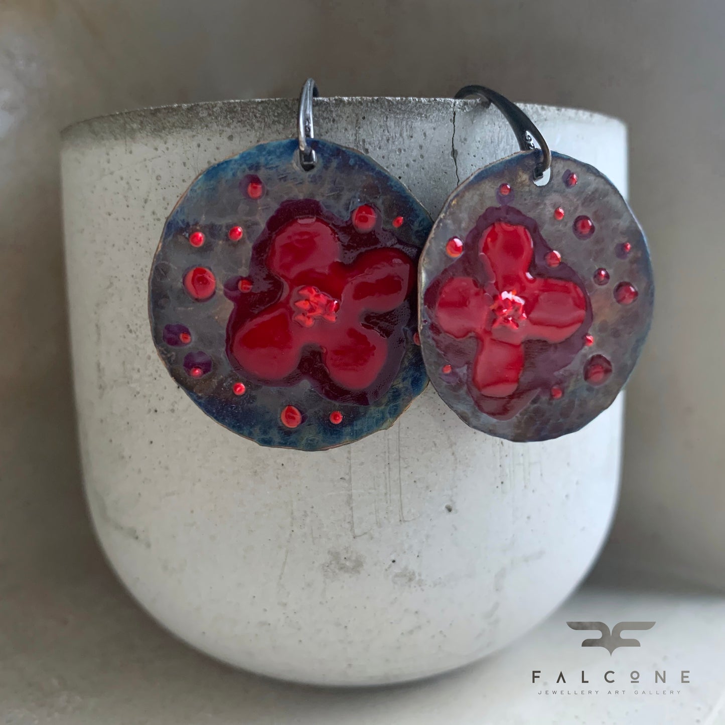 Copper and Silver Earrings 'Dark Ruby Poppies'