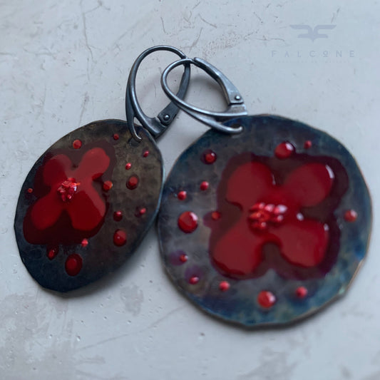 Copper and Silver Earrings 'Dark Ruby Poppies'