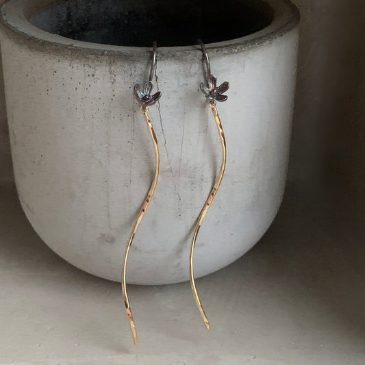 Gold-Plated Brass & Silver Earrings 'Flowers on Golden Stems'