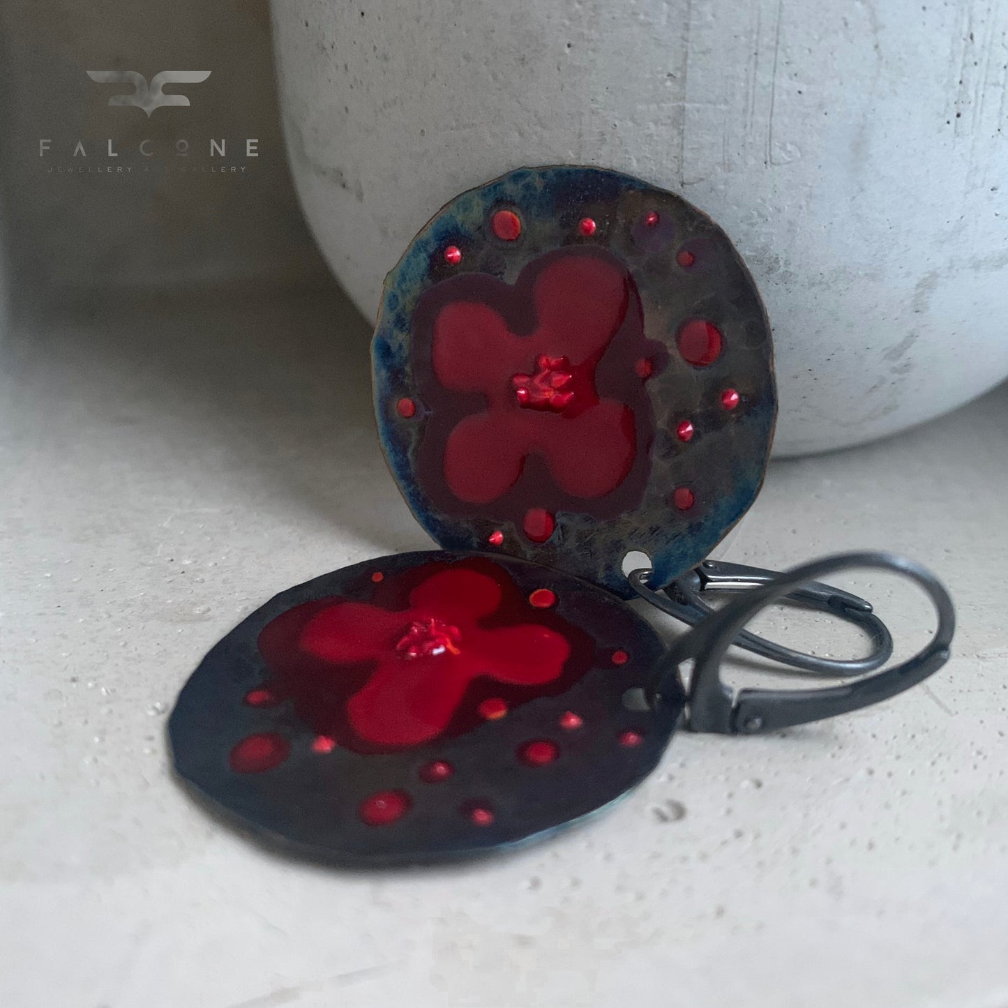 Copper and Silver Earrings 'Dark Ruby Poppies'