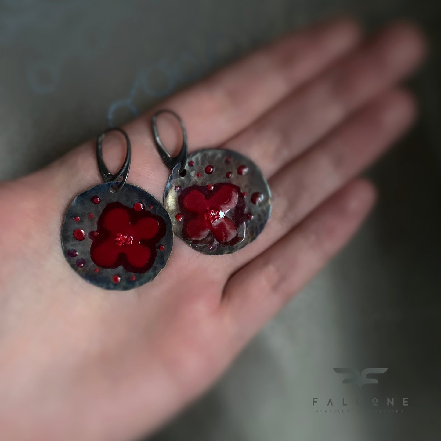 Copper and Silver Earrings 'Dark Ruby Poppies'