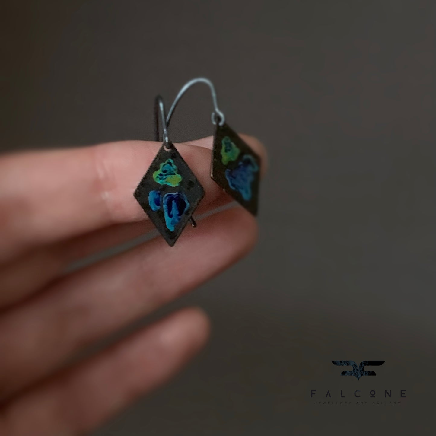 Brass and Silver Earrings 'Little Flowers - Orchid Dark Blue & Lemon Green'