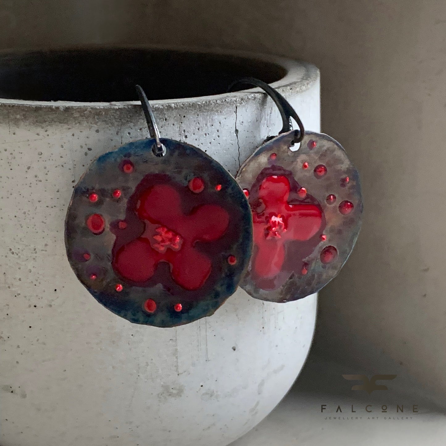 Copper and Silver Earrings 'Dark Ruby Poppies'