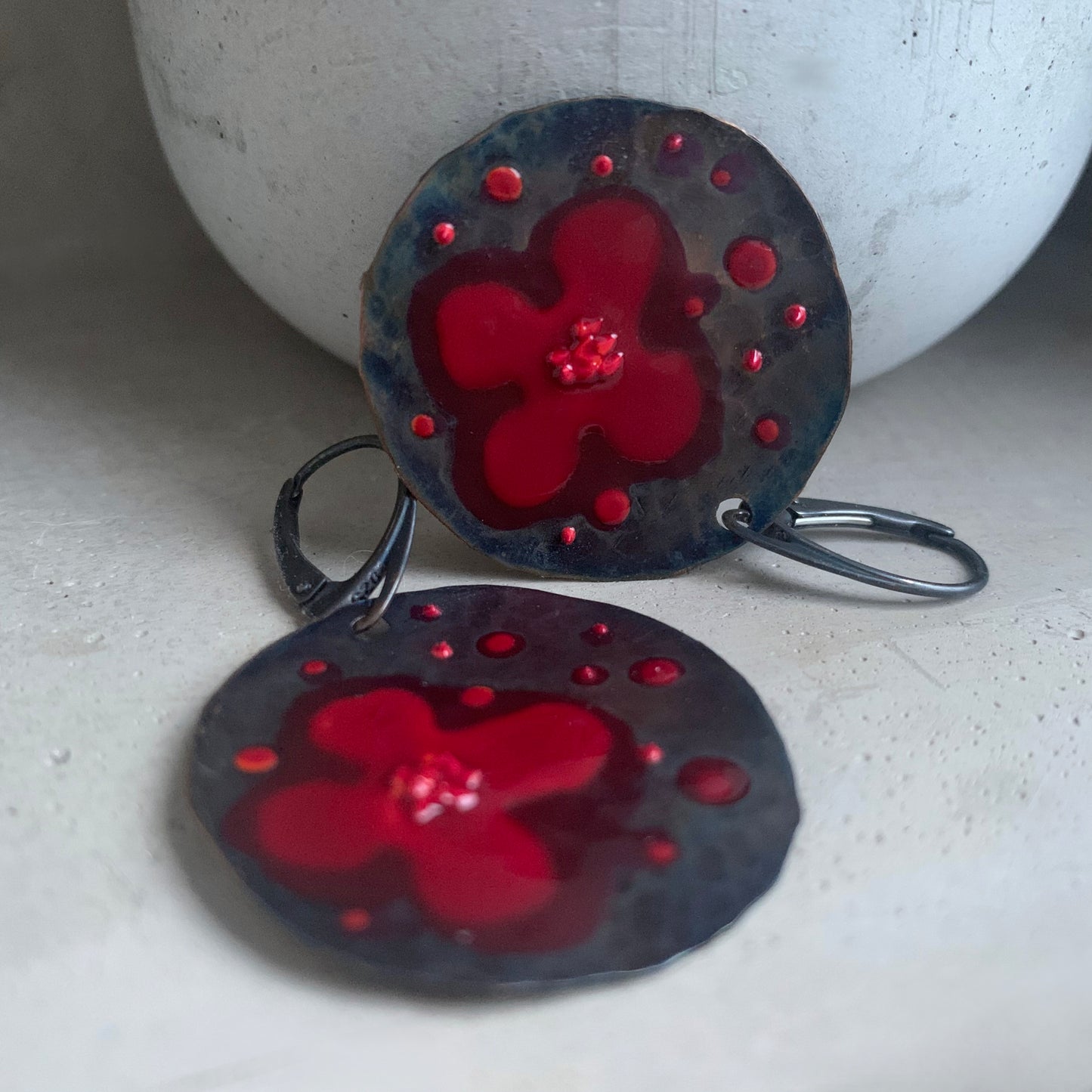 Copper and Silver Earrings 'Dark Ruby Poppies'