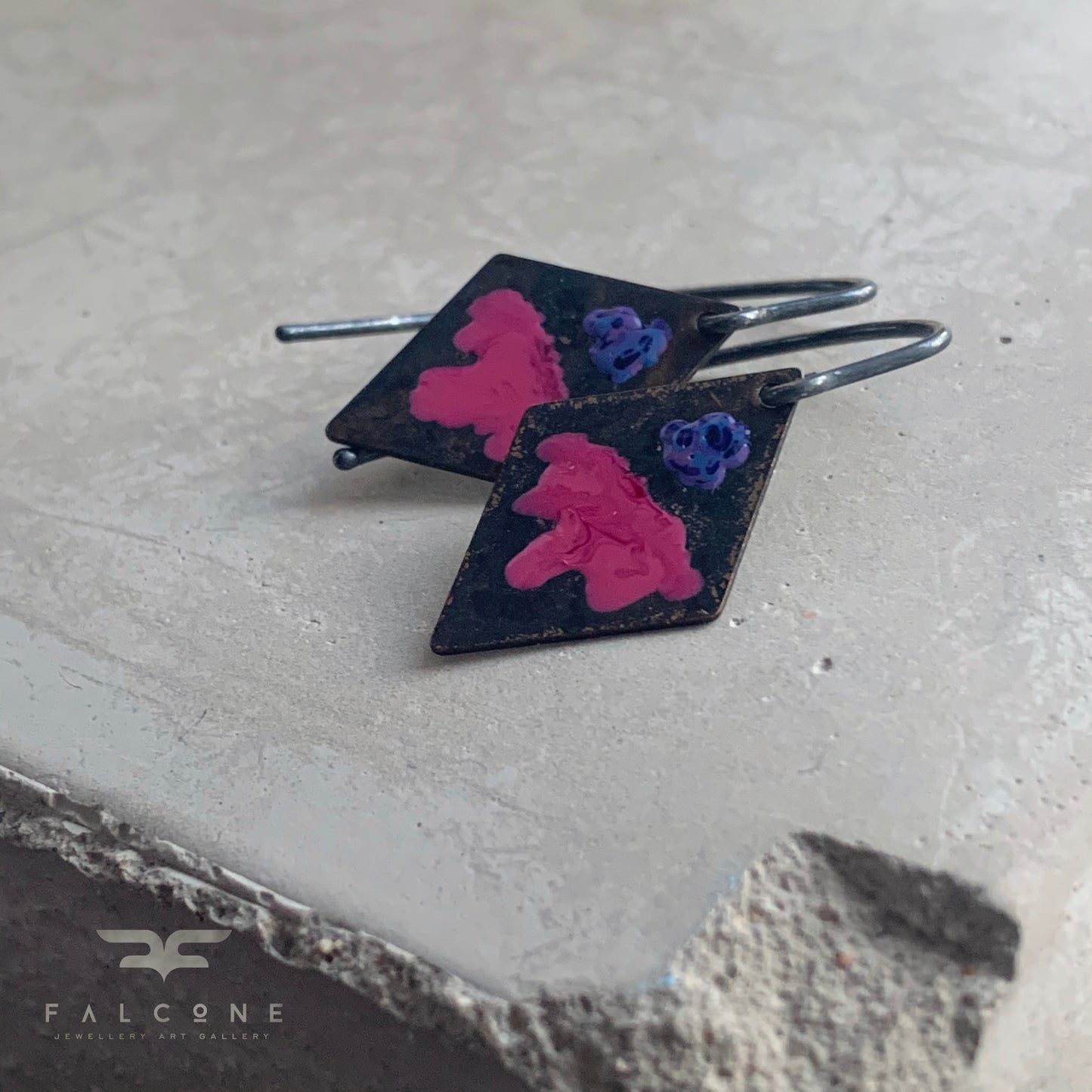 Brass and Sterling Silver Earrings 'Little Flowers - Cold Rose & Blue'