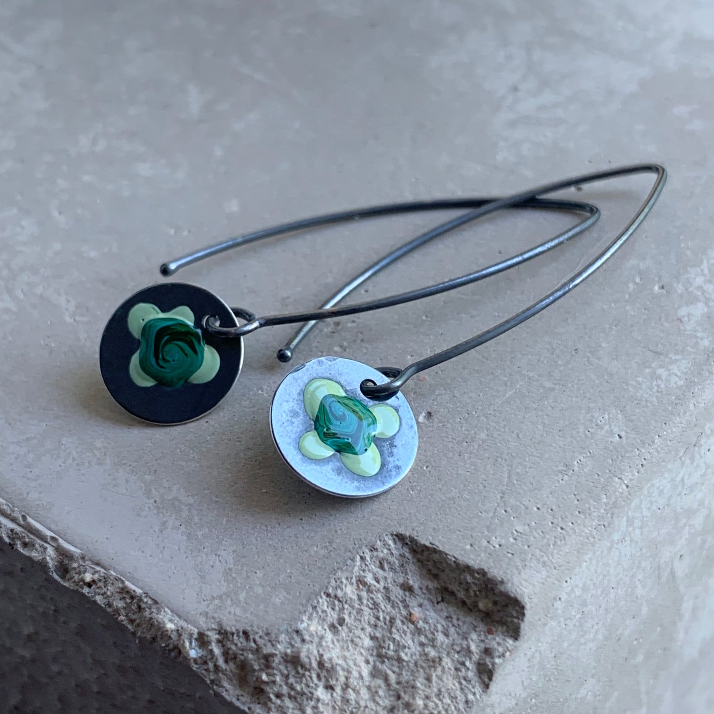 Sterling Silver Enamel Earrings 'Field Flowers - Malachite & Pastel Green'