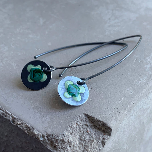 Sterling Silver Enamel Earrings 'Field Flowers - Malachite & Pastel Green'
