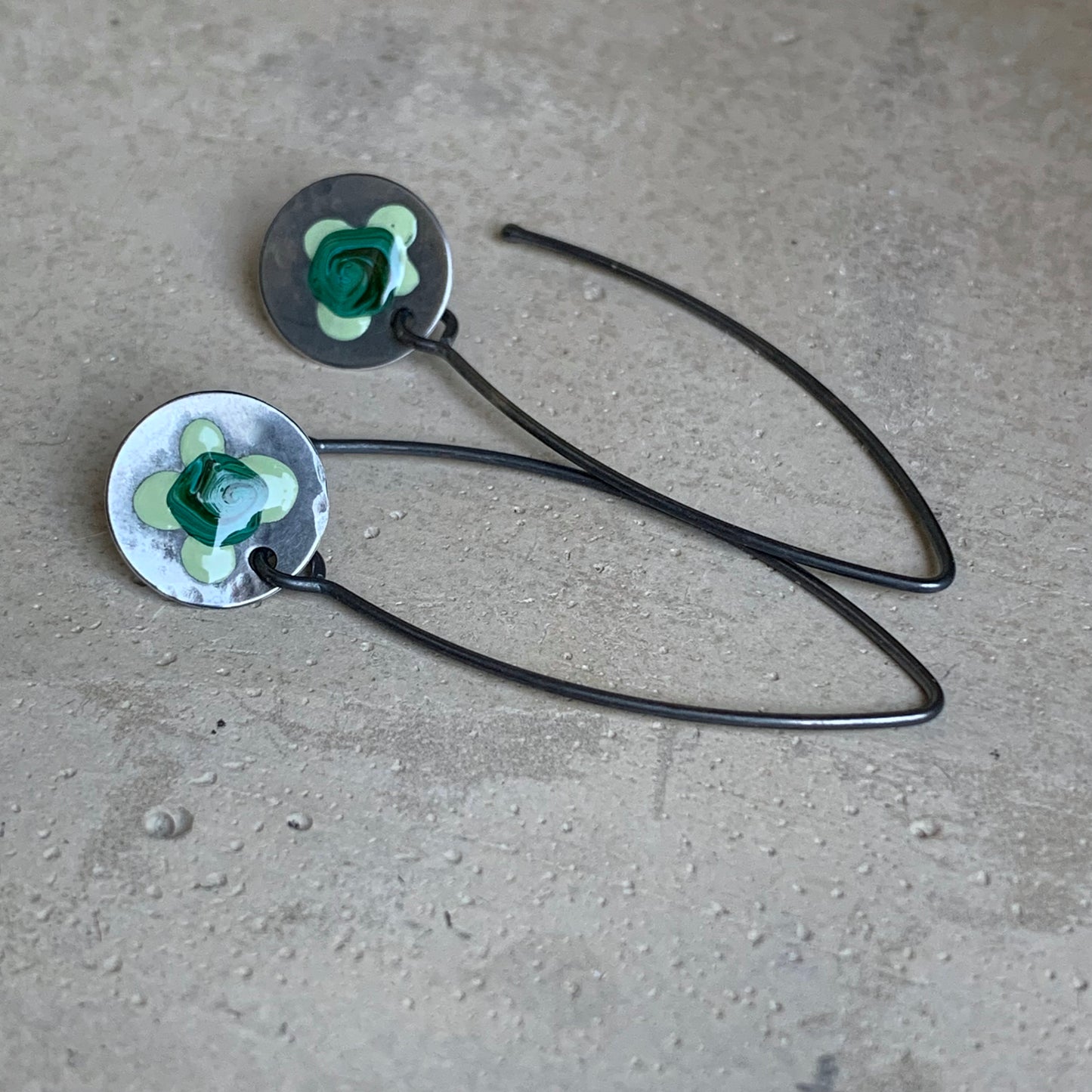 Sterling Silver Enamel Earrings 'Field Flowers - Malachite & Pastel Green'