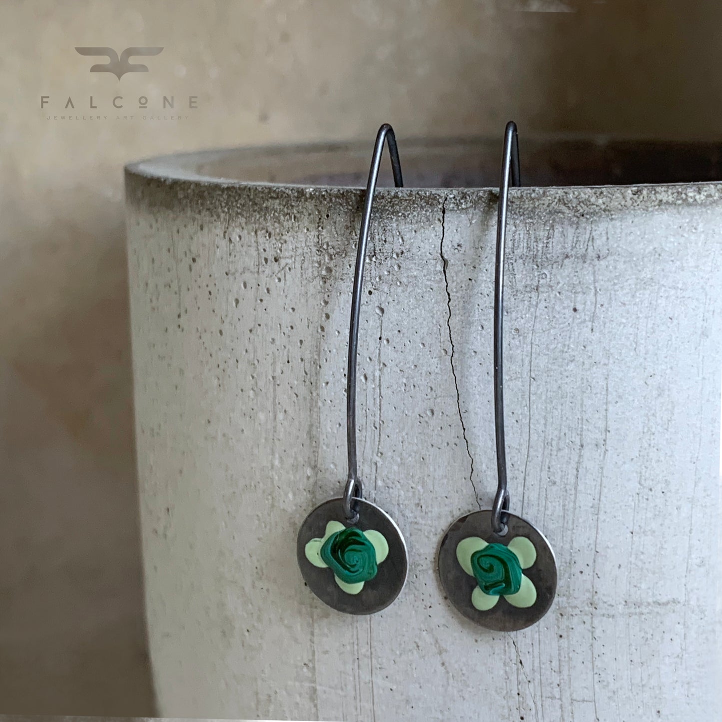 Sterling Silver Enamel Earrings 'Field Flowers - Malachite & Pastel Green'