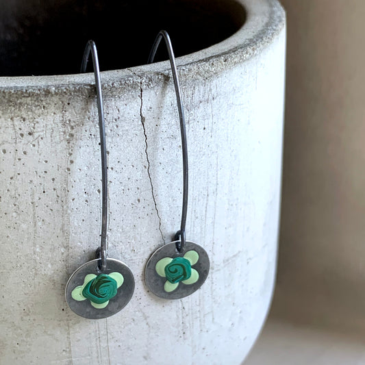 Sterling Silver Enamel Earrings 'Field Flowers - Malachite & Pastel Green'