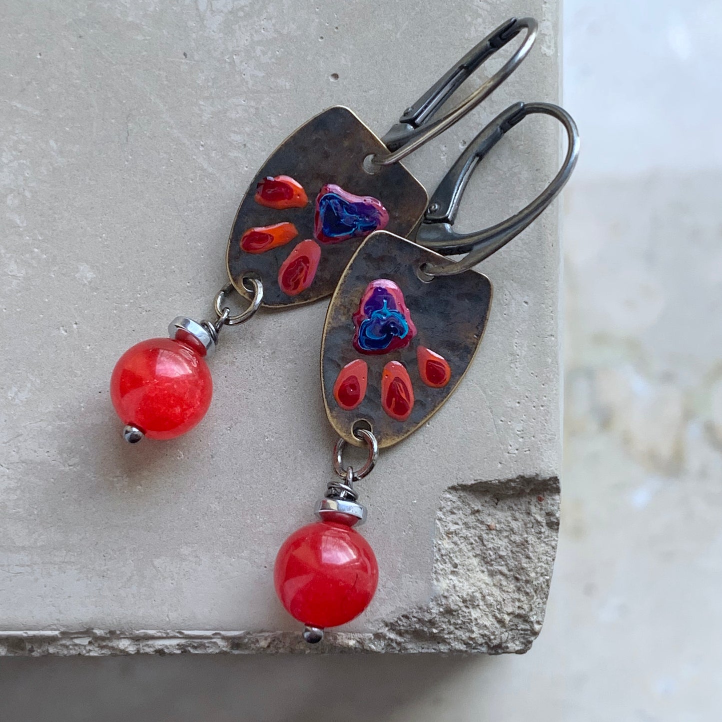 Brass, Agate and Sterling Silver Earrings 'Wild Flowers. Red & Blue'