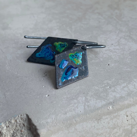 Brass and Silver Earrings 'Little Flowers - Orchid Dark Blue & Lemon Green'