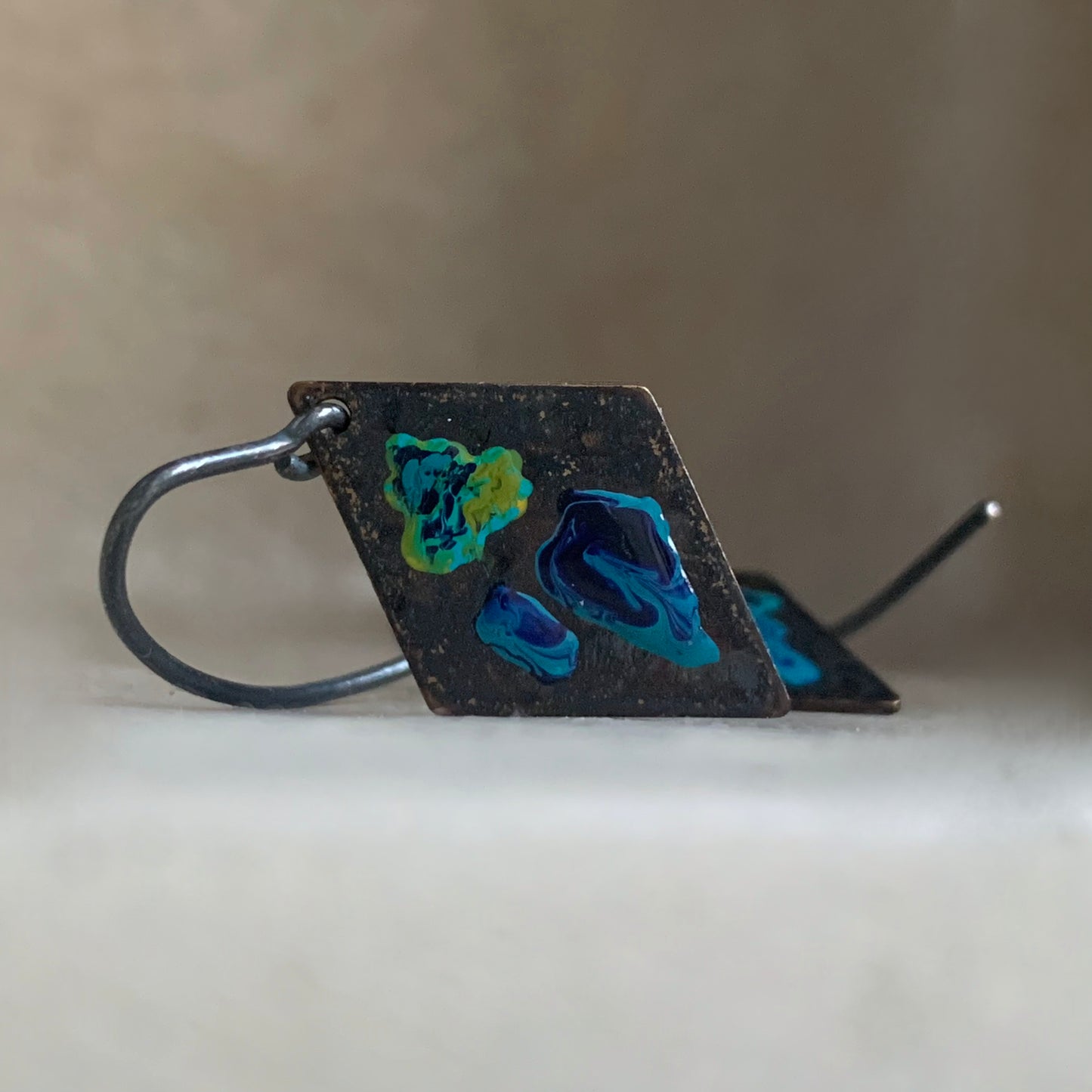 Brass and Silver Earrings 'Little Flowers - Orchid Dark Blue & Lemon Green'