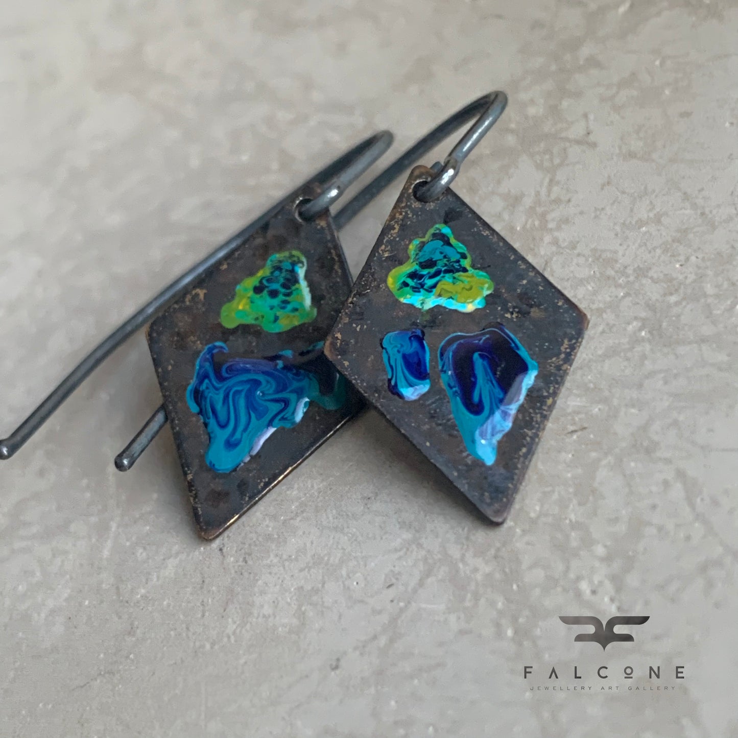 Brass and Silver Earrings 'Little Flowers - Orchid Dark Blue & Lemon Green'