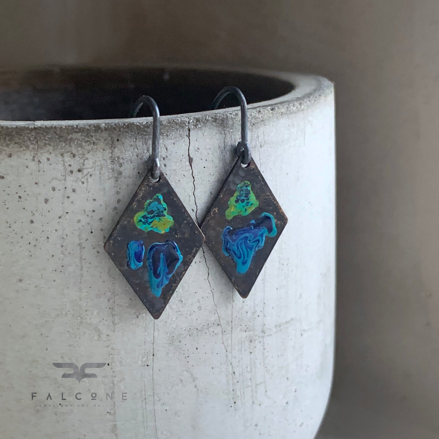 Brass and Silver Earrings 'Little Flowers - Orchid Dark Blue & Lemon Green'