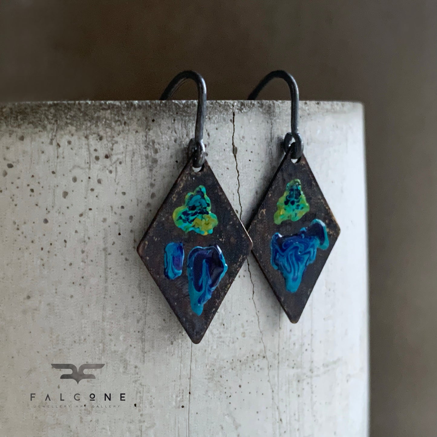 Brass and Silver Earrings 'Little Flowers - Orchid Dark Blue & Lemon Green'