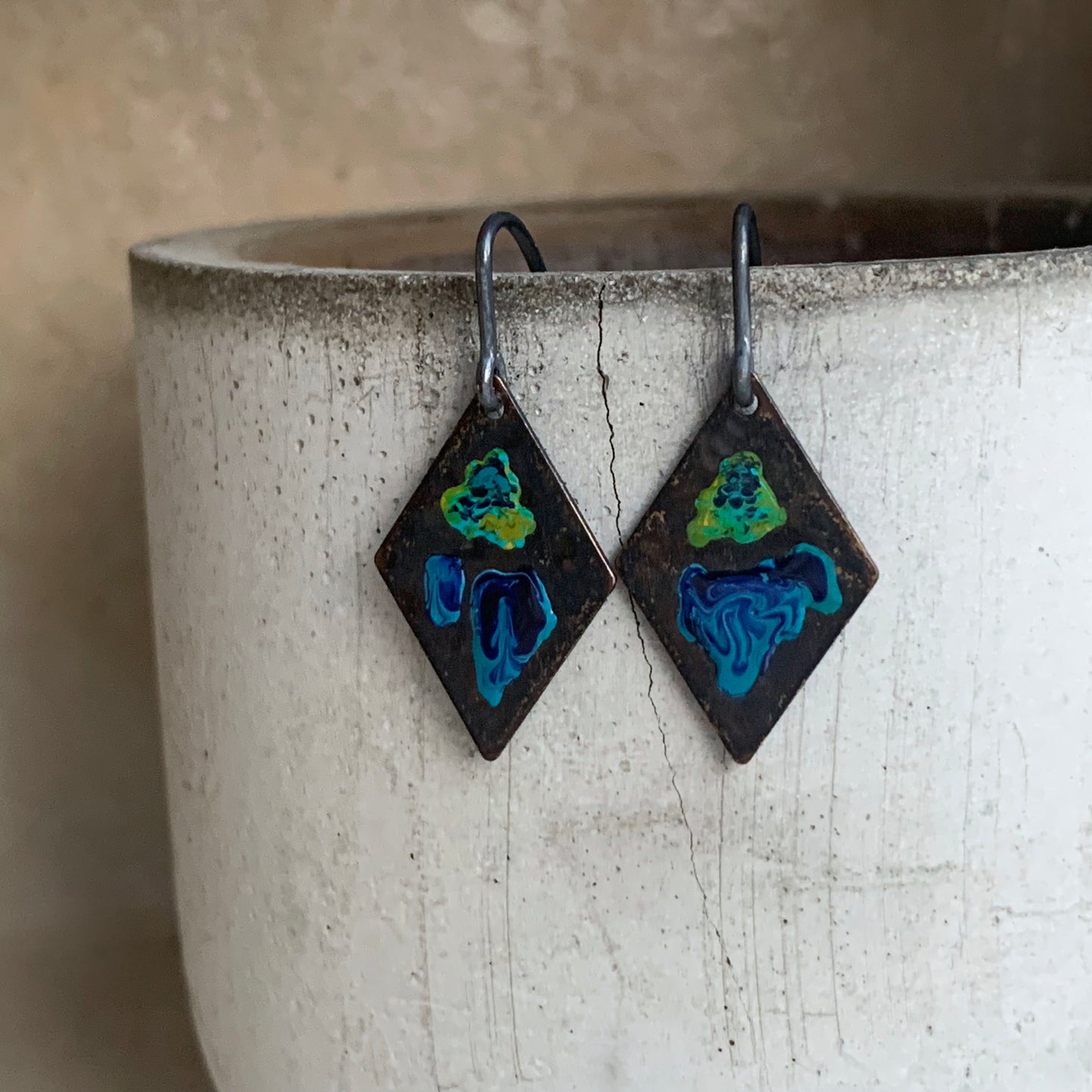 Brass and Silver Earrings 'Little Flowers - Orchid Dark Blue & Lemon Green'