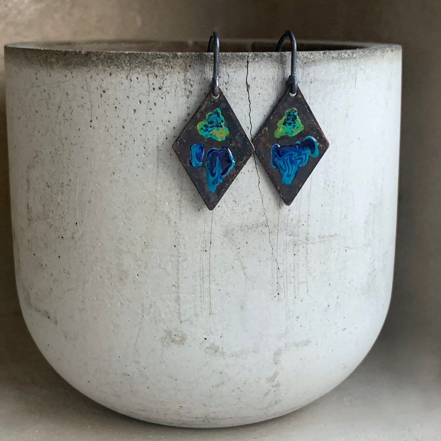 Brass and Silver Earrings 'Little Flowers - Orchid Dark Blue & Lemon Green'