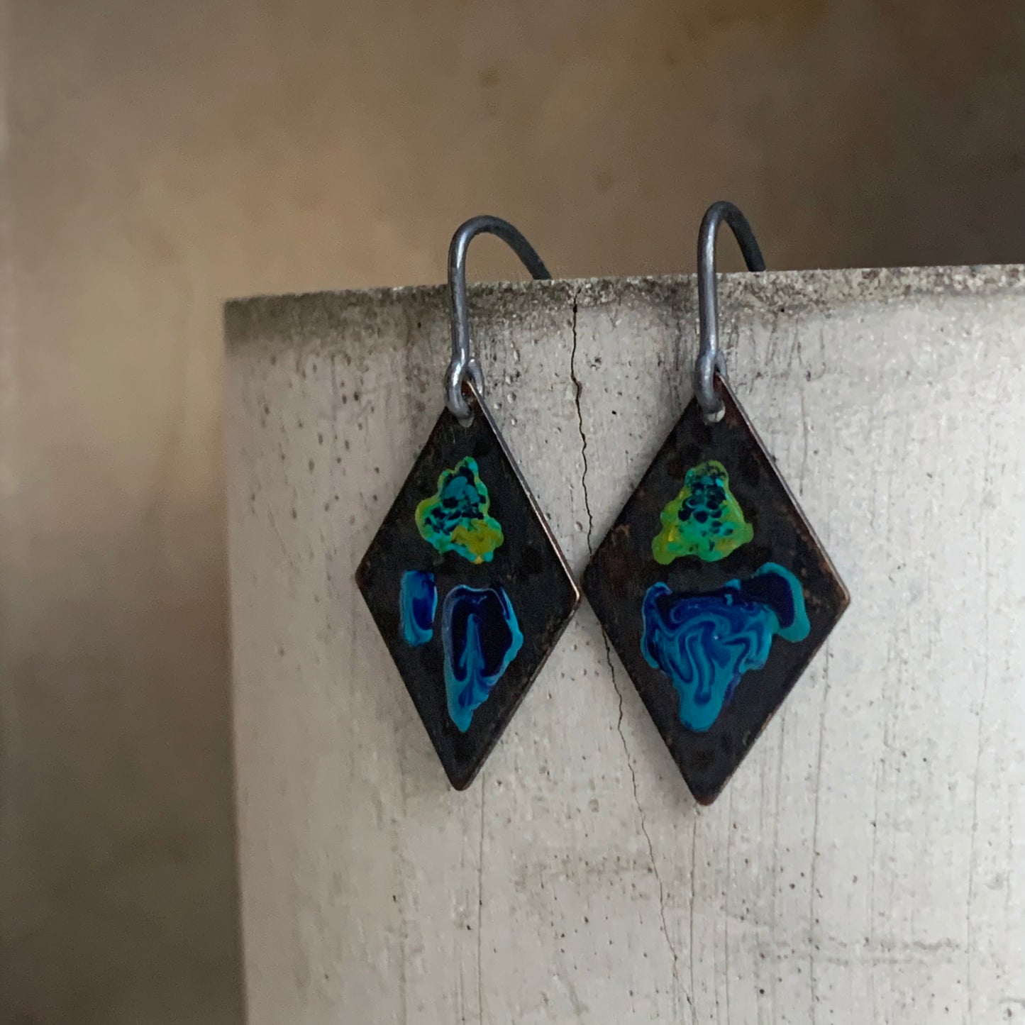 Brass and Silver Earrings 'Little Flowers - Orchid Dark Blue & Lemon Green'