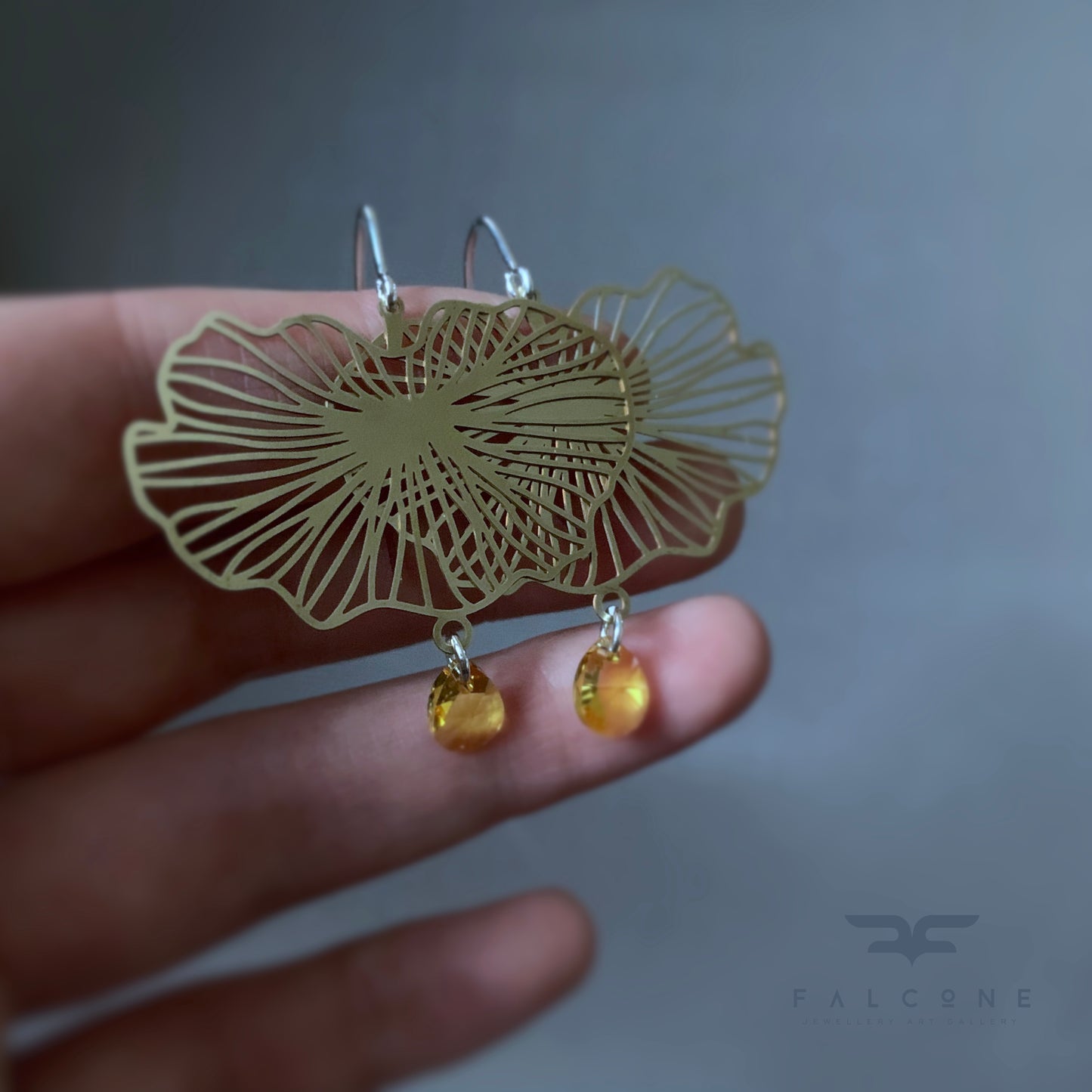 Brass, Swarovski Crystal and Sterling Silver Earrings 'Water Lily & Swarovski'