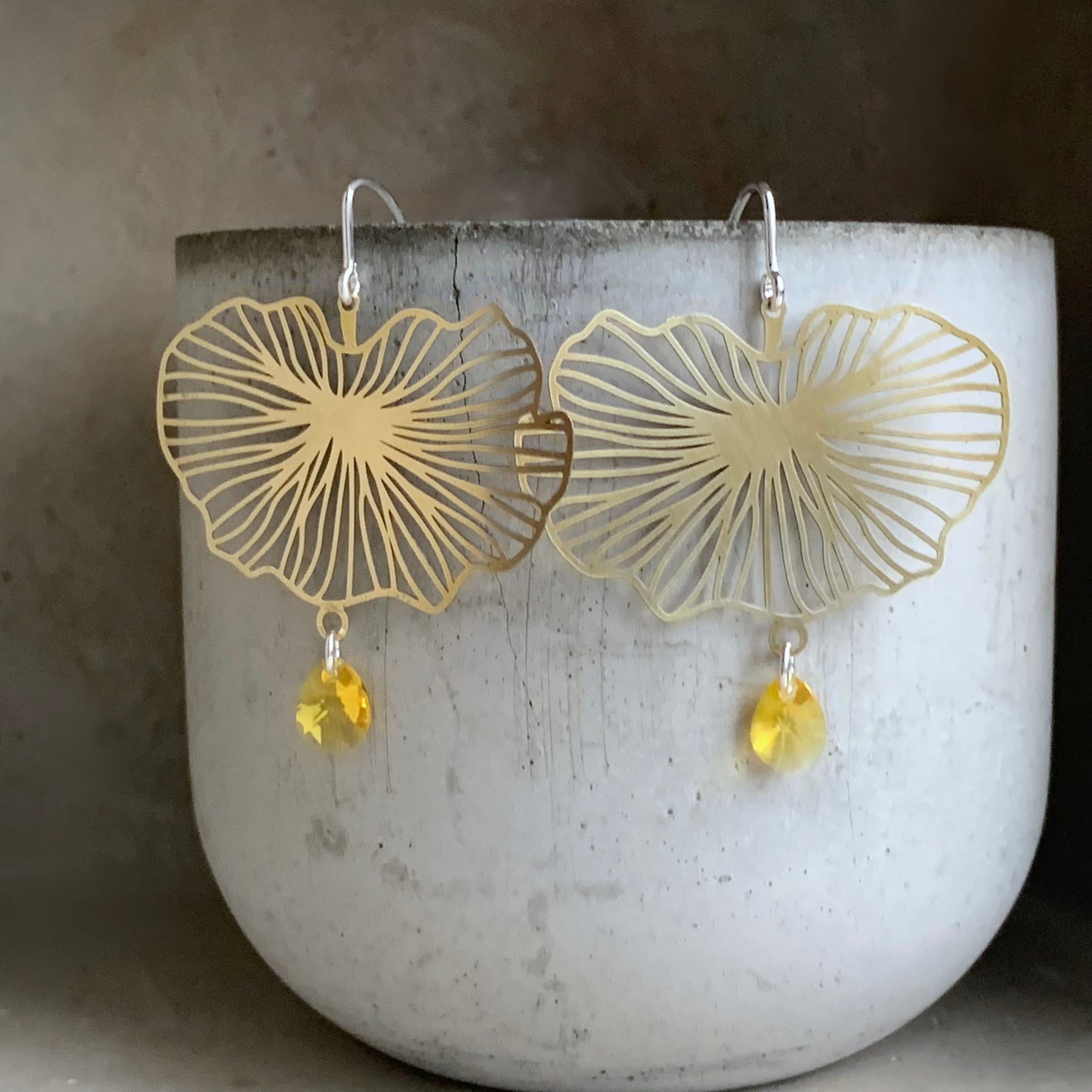 Brass, Swarovski Crystal and Sterling Silver Earrings 'Water Lily & Swarovski'