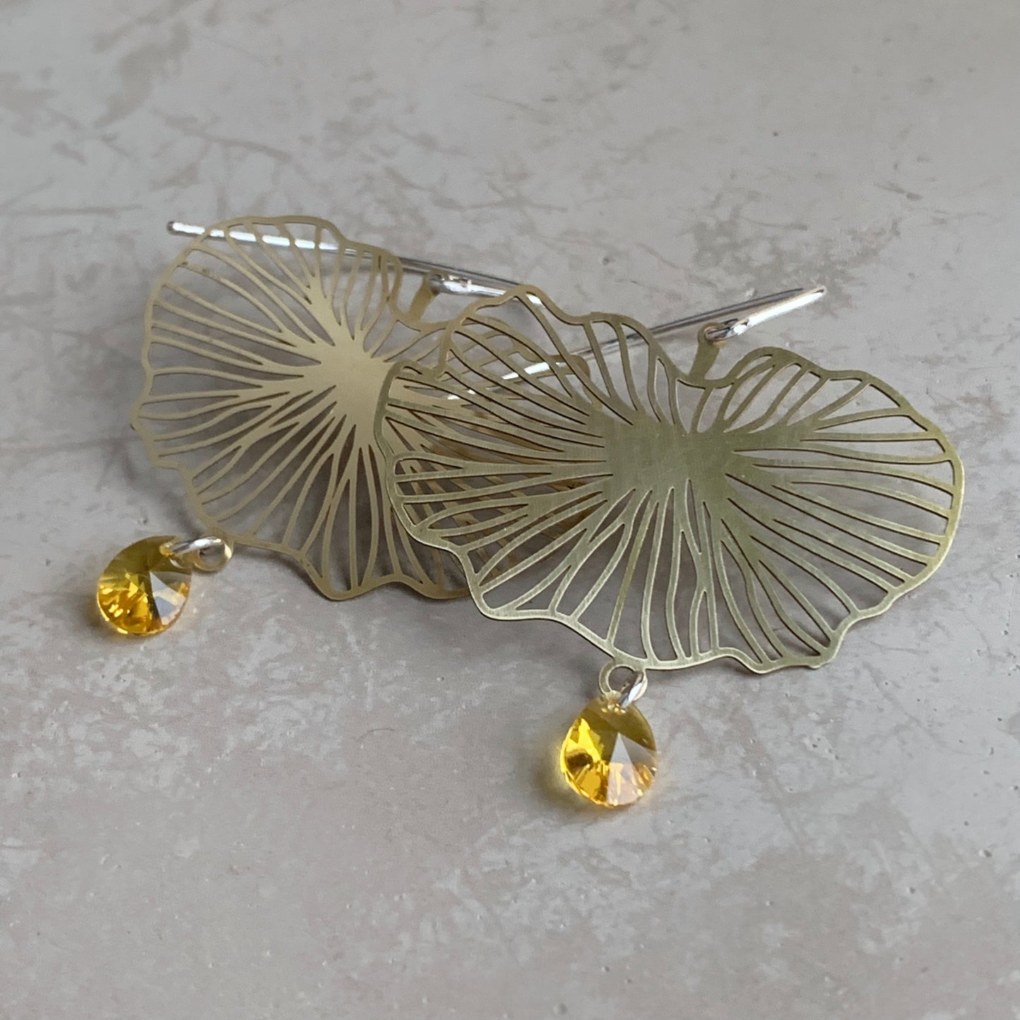 Brass, Swarovski Crystal and Sterling Silver Earrings 'Water Lily & Swarovski'