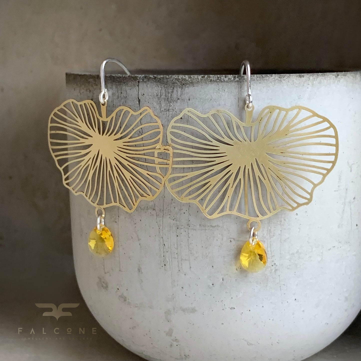 Brass, Swarovski Crystal and Sterling Silver Earrings 'Water Lily & Swarovski'