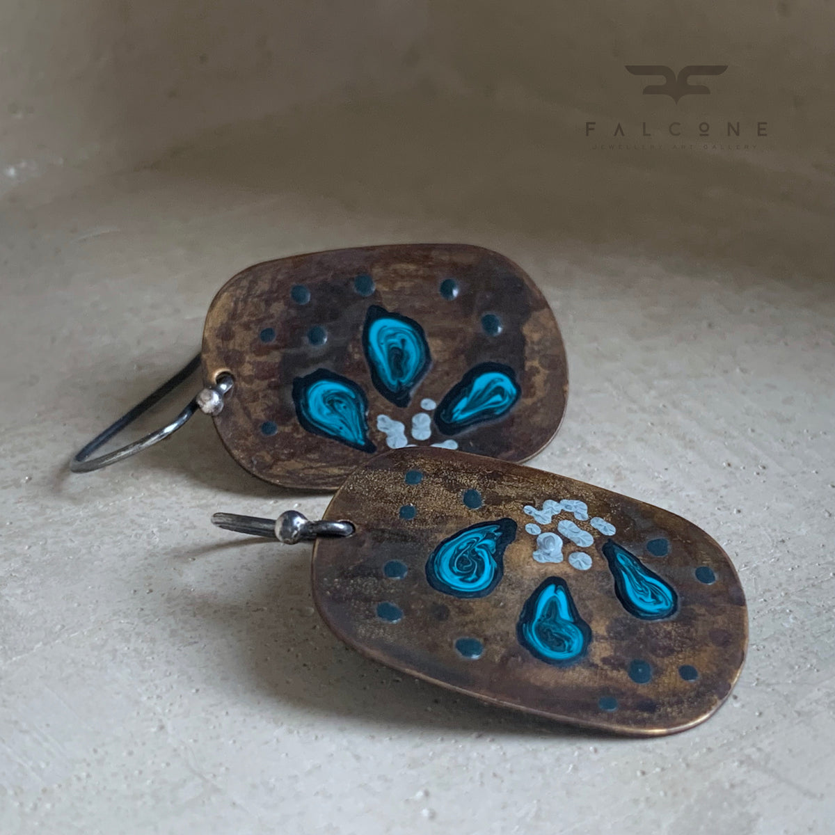 Brass and Sterling Silver Earrings 'Geometric Flower - Dark Turquoise Petals'