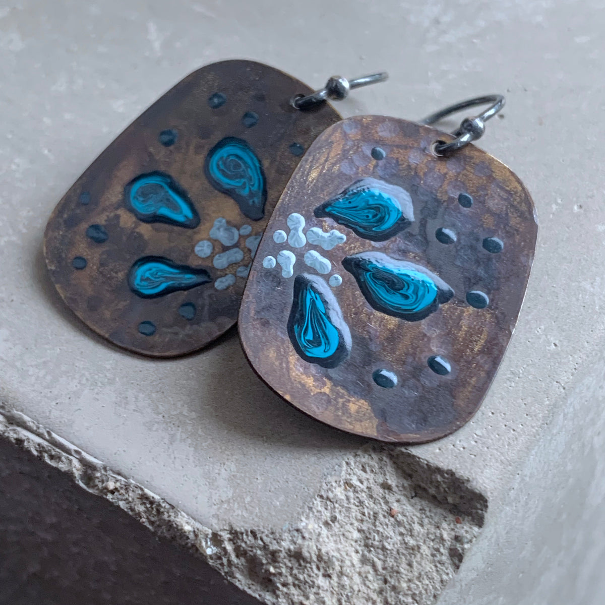Brass and Sterling Silver Earrings 'Geometric Flower - Dark Turquoise Petals'