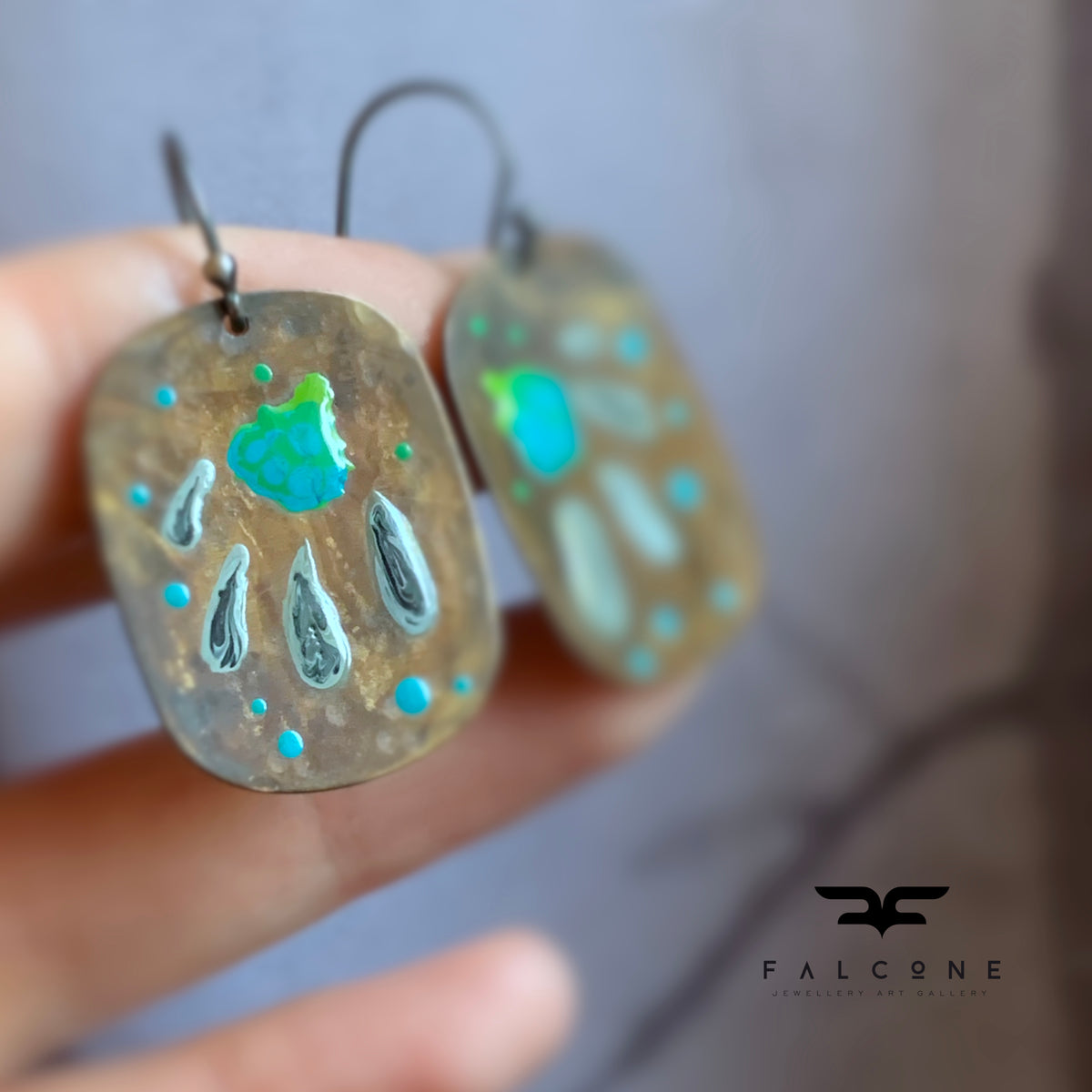 Brass and Sterling Silver Earrings 'Geometric Flower - Turquoise & Ash'