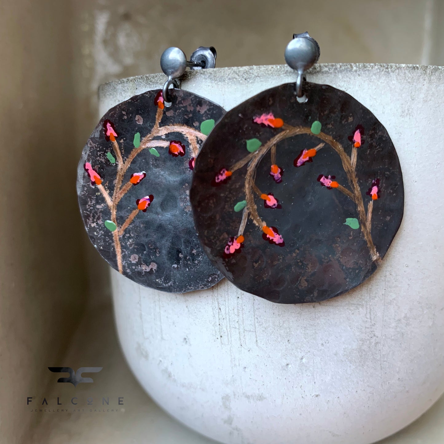 Large copper & silver stud earrings with enameled and engraved floral pattern 'Secret Garden'