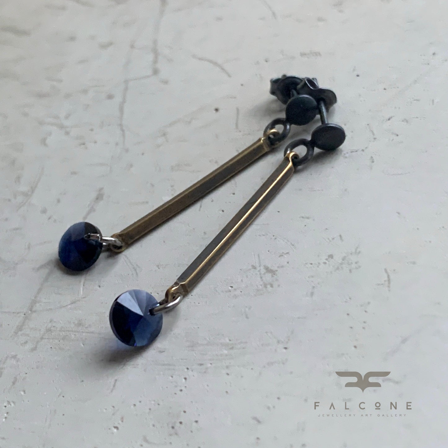 Brass, Silver, and Swarovski Crystal Earrings 'Dark Navy Blue'