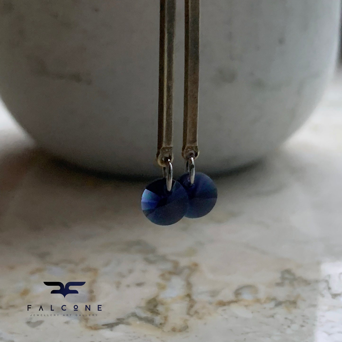 Brass, Silver, and Swarovski Crystal Earrings 'Dark Navy Blue'