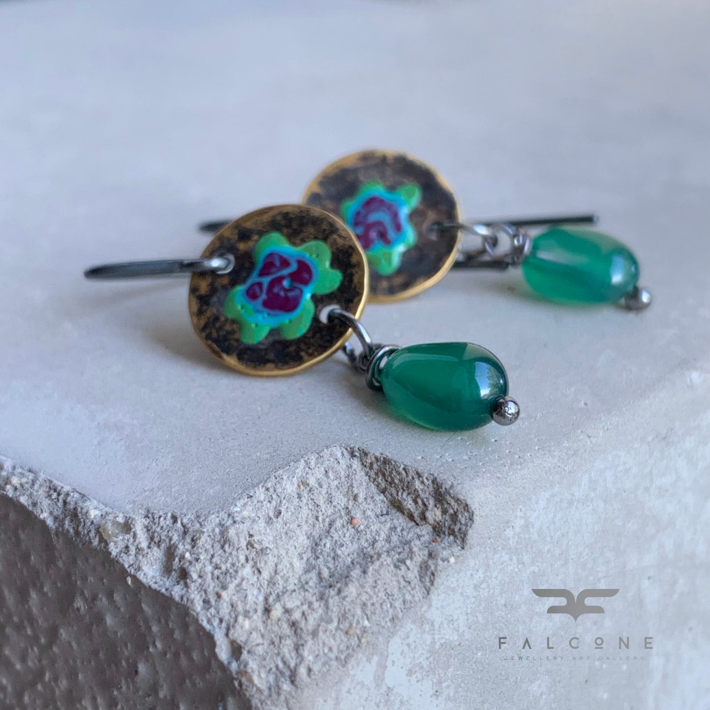 Brass, Agate and Sterling Silver Earrings 'Forest Flowers - Green & Purple'